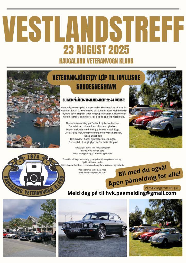 Vestlandstreff 23 August! Veterankjøretøy løp